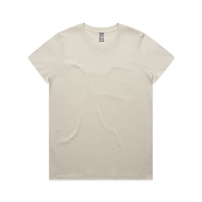 A beige T-shirt with a simple crew neck design and a label on the inner neckline.