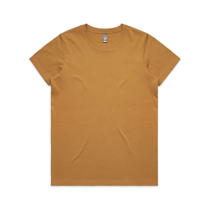 A mustard-coloured T-shirt with a round neckline and short sleeves. It features a logo on the label.