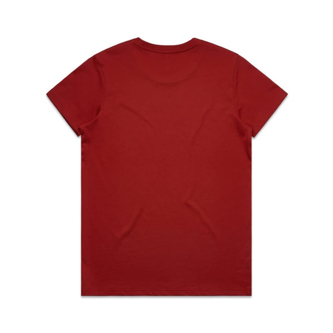 A red T-shirt with a plain back, featuring a logo on the neckline.