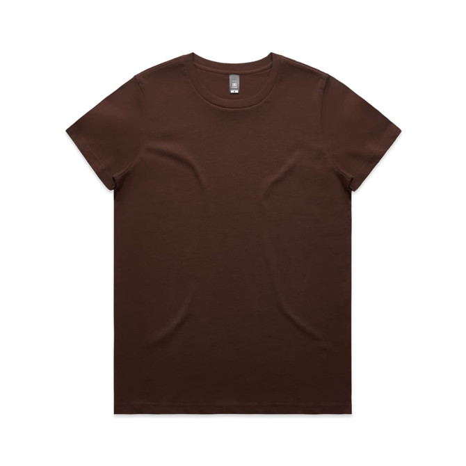 A brown t-shirt with a round neck and short sleeves, featuring a logo on the inner label.