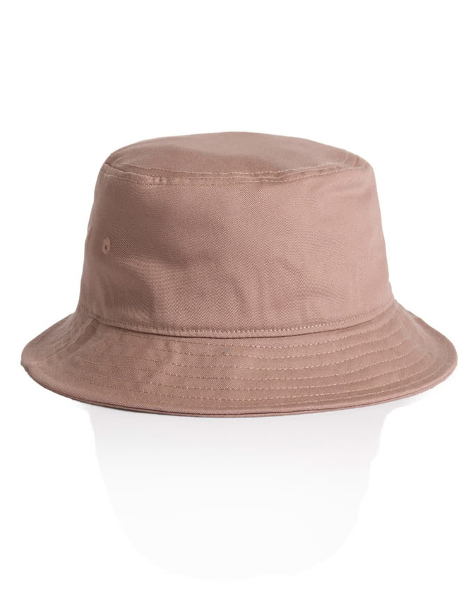 A beige bucket hat with a wide brim and a logo on the side. Soft texture and casual style.