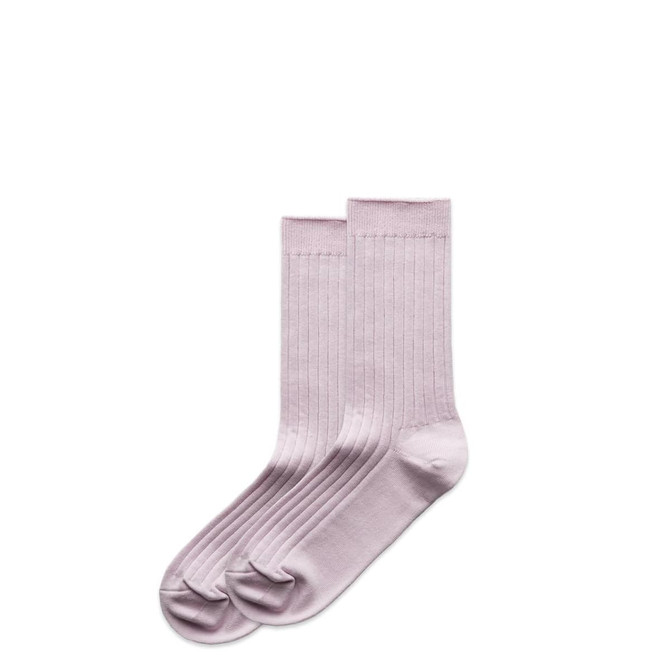 A pair of light pink ribbed socks laid flat, featuring a smooth finish and a logo.