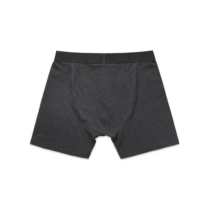 A pair of dark grey trunks with a black waistband, featuring a simple design and no visible logo.
