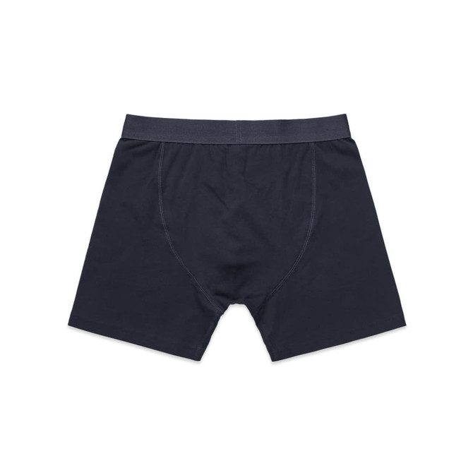 A pair of navy blue trunks with a grey waistband, featuring a smooth fabric finish and a logo on the waistband.