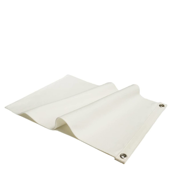 A cream-coloured canvas flag featuring metal grommets, folded neatly on a surface.