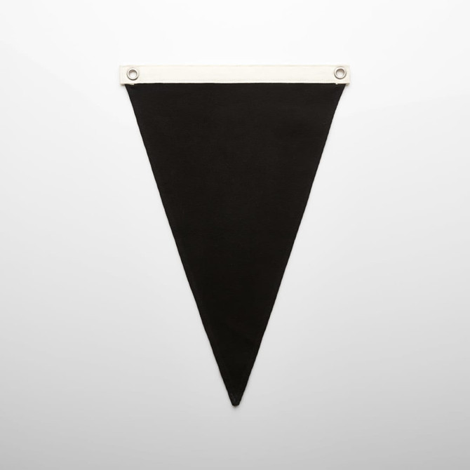A triangular black canvas pennant flag with a white header and eyelets for attachment.