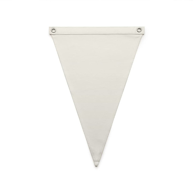 A canvas pennant flag in a neutral colour, featuring eyelets for easy hanging.