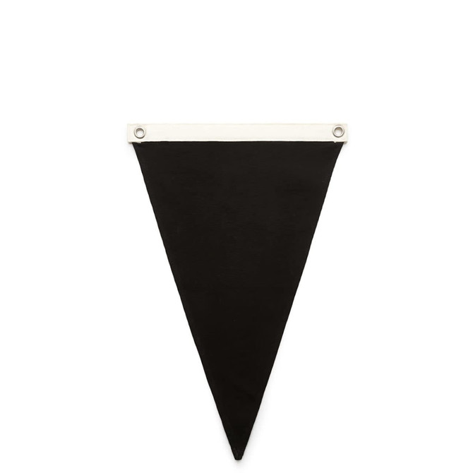 A black canvas pennant flag with a white top edge and metal eyelets for hanging.