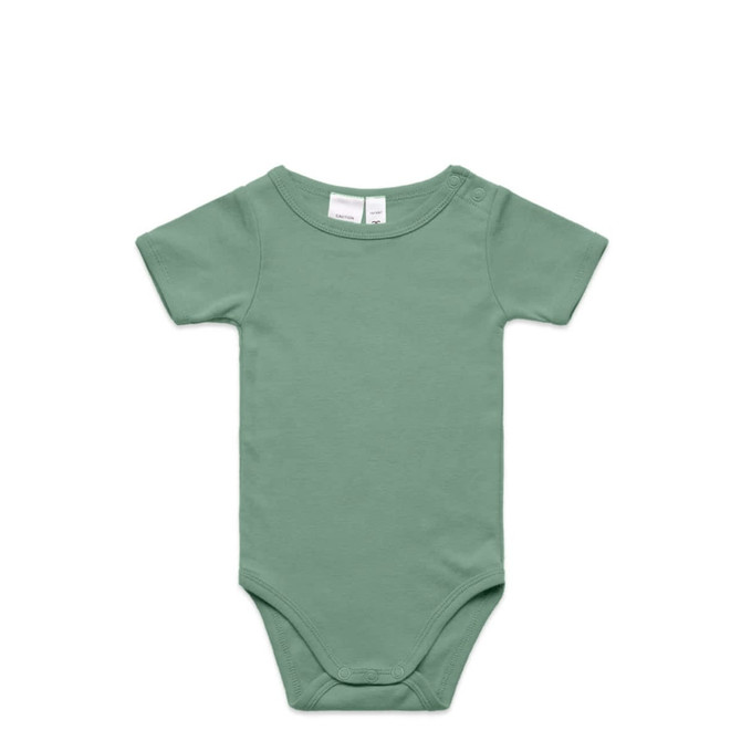 A mint green infant one-piece with short sleeves and a snap closure at the shoulder, featuring a simple design.