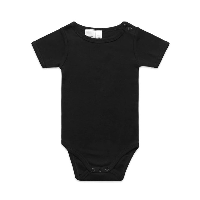A black organic infant one-piece with short sleeves and snap closures at the shoulder and bottom. It features a logo.