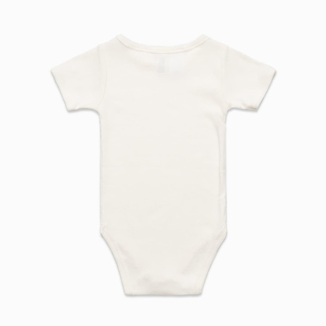 A short-sleeved organic infant one-piece in a soft cream colour, featuring a plain back design.