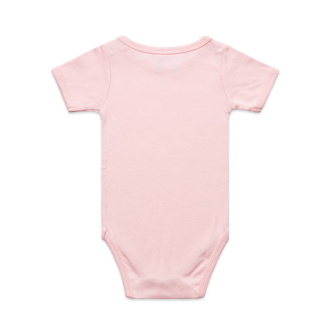 A pink organic infant one-piece with short sleeves and a back closure. It includes branding.