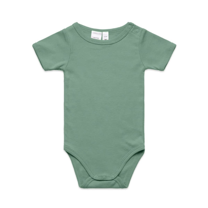 An organic infant one-piece in a soft green colour, featuring short sleeves and snap closures. It has a logo.