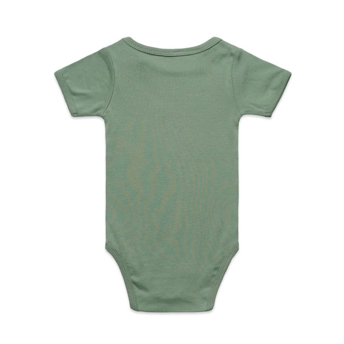 A light green organic infant one-piece with short sleeves, featuring a simple design and no visible branding.