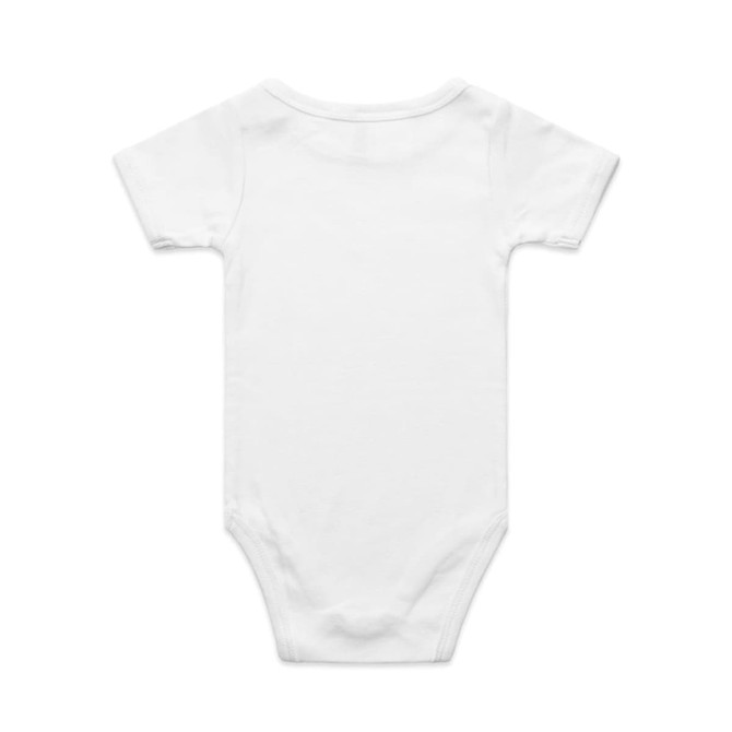 A white organic infant one-piece with short sleeves and a snap closure at the bottom. It has a logo on the back.