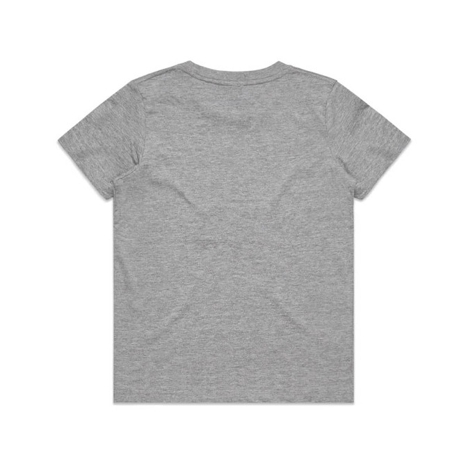 A grey kids' staple tee featuring a simple design and a logo on the back.