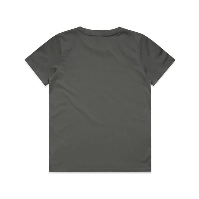 A grey kids' T-shirt with a simple design, featuring a logo on the back.