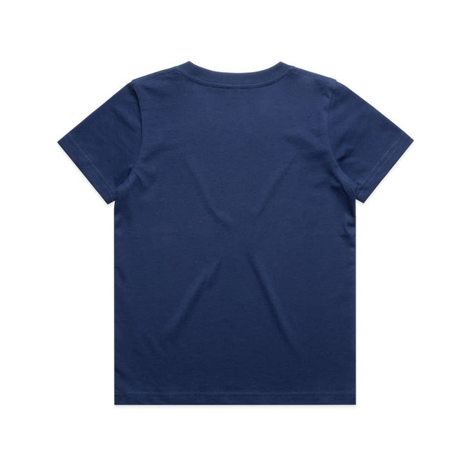 A plain navy blue youth T-shirt with a simple design and no visible branding.
