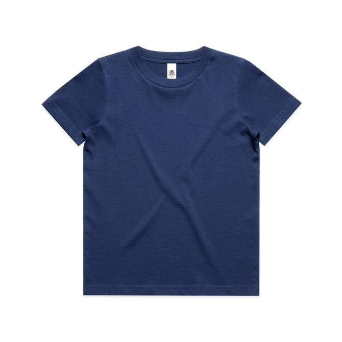 A navy blue youth staple tee with a classic crew neck design and a logo on the label.