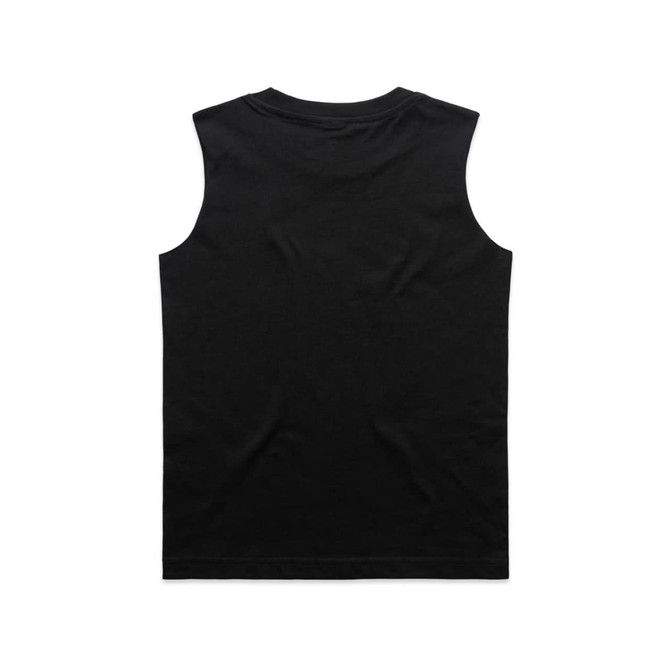 A black sleeveless tank top featuring a simple design and a logo. 