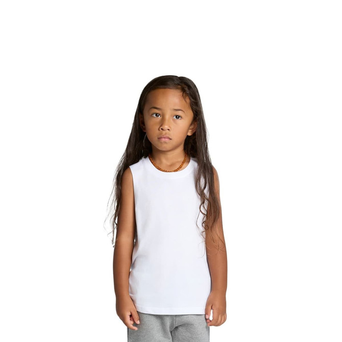 A white sleeveless tank top for kids, with a round neckline and a logo on the side.