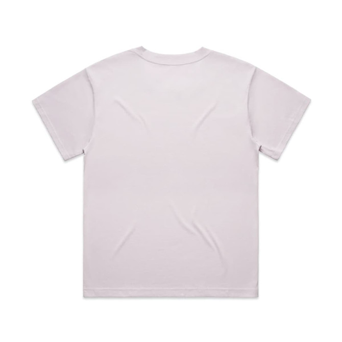 A light pink t-shirt with a relaxed fit, featuring short sleeves and a plain back. Includes a brand logo.