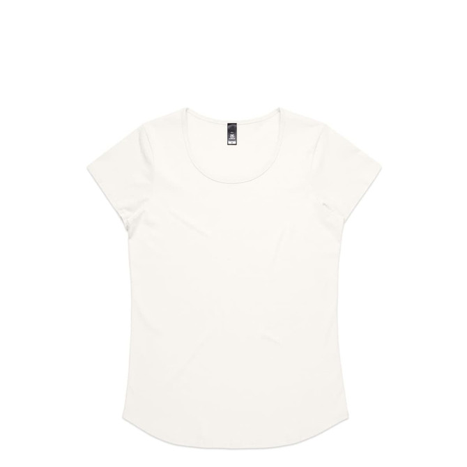 A white t-shirt with a scoop neckline and short sleeves, featuring a branding label.