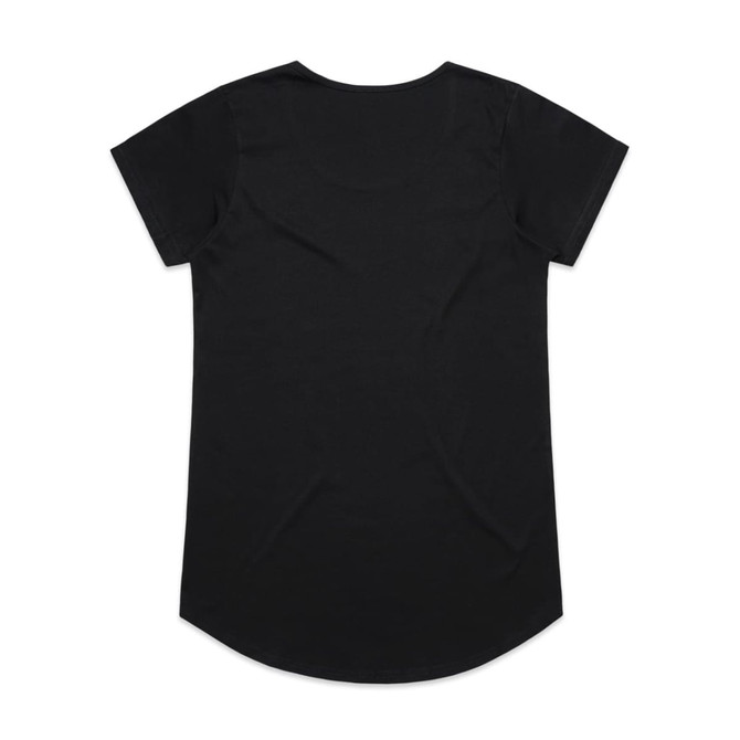 A black T-shirt with short sleeves and a rounded hem, featuring a logo on the back.