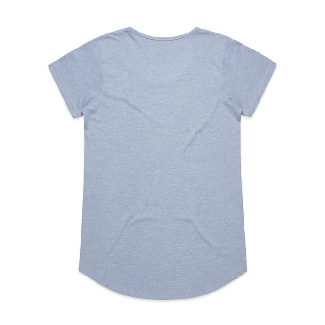 A light blue t-shirt with short sleeves and a rounded hem, featuring a logo on the back.