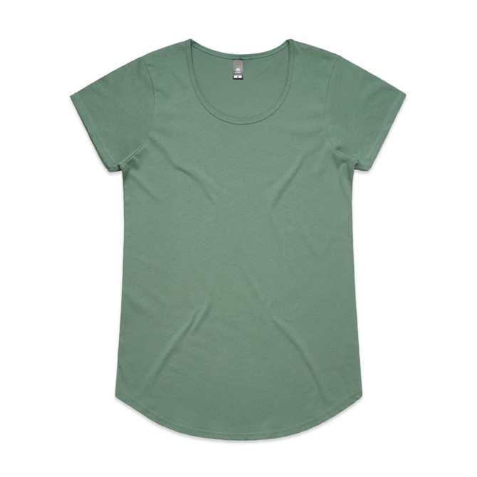 A green women's T-shirt with a scooped neckline and short sleeves, featuring a logo on the label.