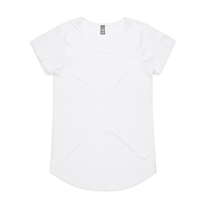 A white T-shirt featuring a scoop neckline and short sleeves, with a logo tag on the back.