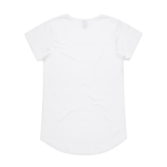 A white t-shirt with a rounded neckline, featuring short sleeves and a curved hem. It has a logo on the back.