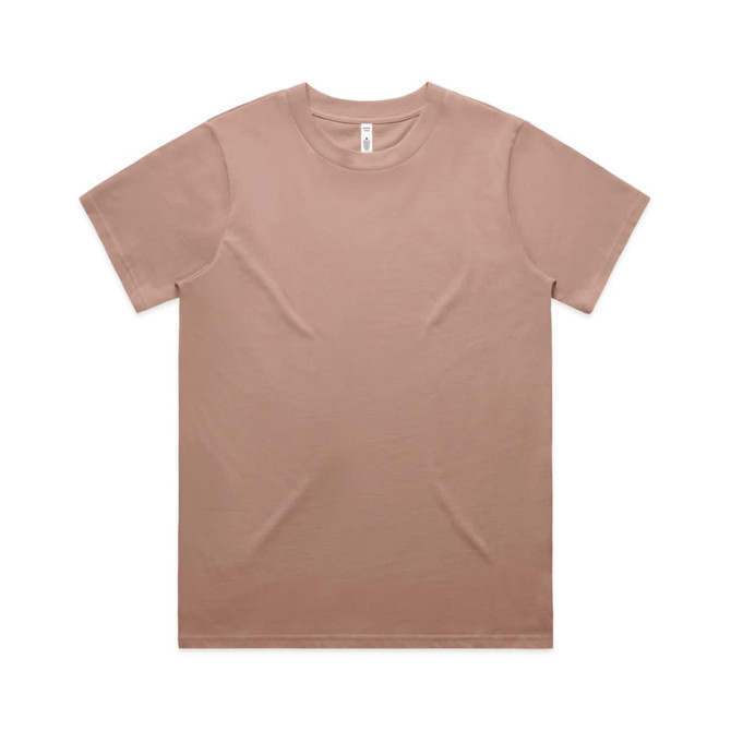 A plain, short-sleeved T-shirt in a soft beige colour, featuring a label inside and a branding logo.