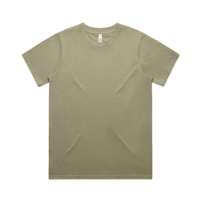 A light olive green t-shirt with a round neckline, featuring a logo on the label.