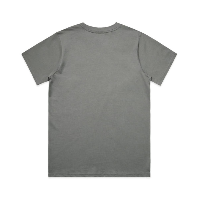 A grey T-shirt with a plain back, featuring a branding logo on the back neckline.