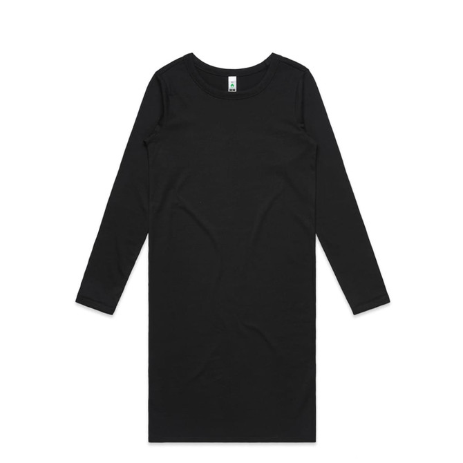 A long-sleeved organic dress in solid black with a round neckline and no visible embellishments. A long-sleeved organic dress in solid black with a round neckline and no visible embellishments.