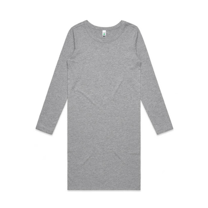 A grey long-sleeve dress, featuring a simple design and round neckline. The dress has a logo tag. A grey long-sleeve dress, featuring a simple design and round neckline. The dress has a logo tag.
