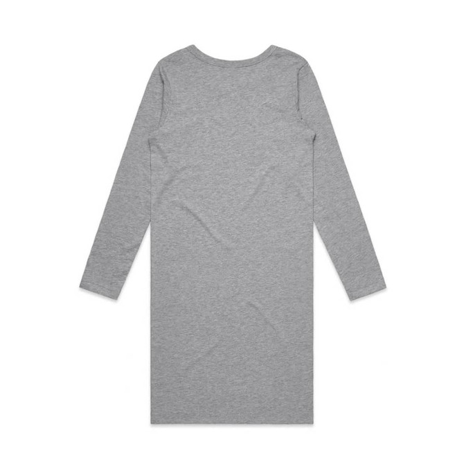 A grey long-sleeve dress with a simple design and a logo on the back. A grey long-sleeve dress with a simple design and a logo on the back.