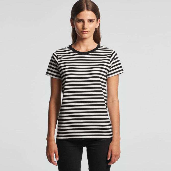 A black and white striped t-shirt with short sleeves, featuring a round neckline and a logo.