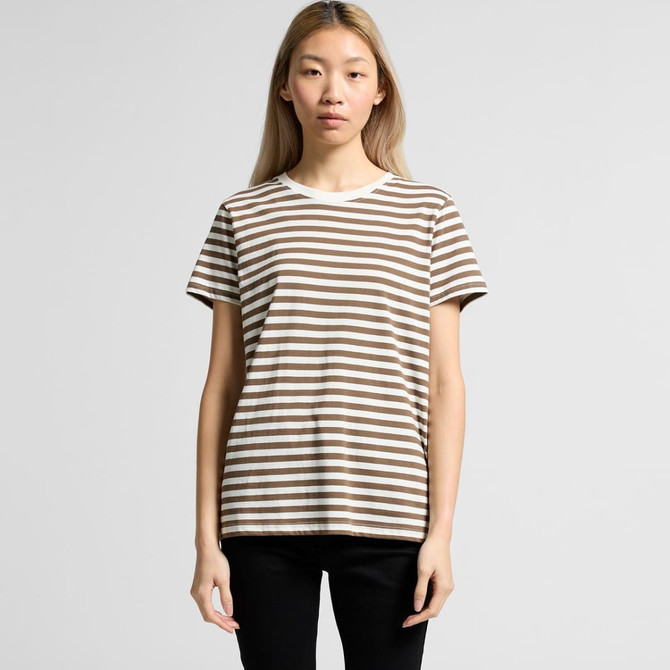 A striped t-shirt in shades of brown and cream featuring a casual fit, with a small logo detail.
