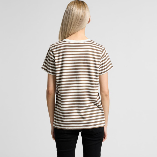 A striped t-shirt in white and brown hues, featuring a relaxed fit and short sleeves, with a visible logo.