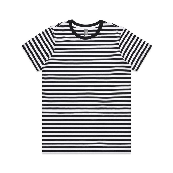 A striped t-shirt featuring black and white horizontal stripes, with a round neck and short sleeves.