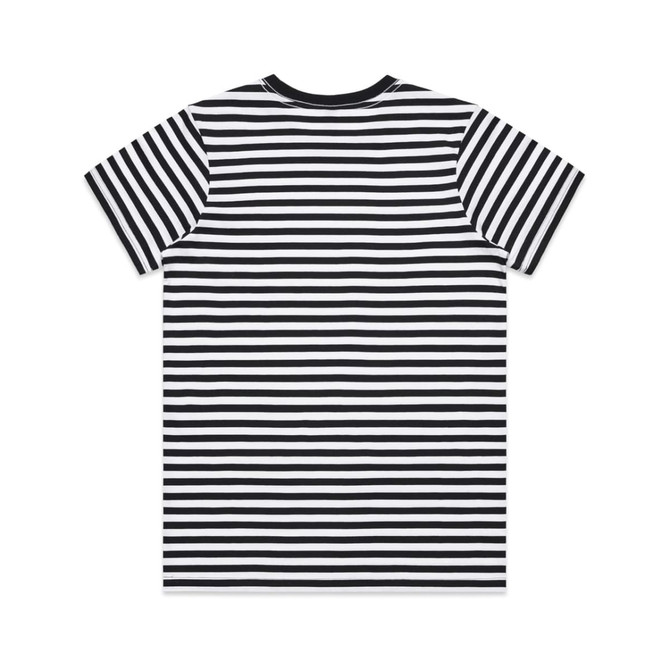 A black and white striped t-shirt featuring a comfortable crew neck design and a logo on the back.