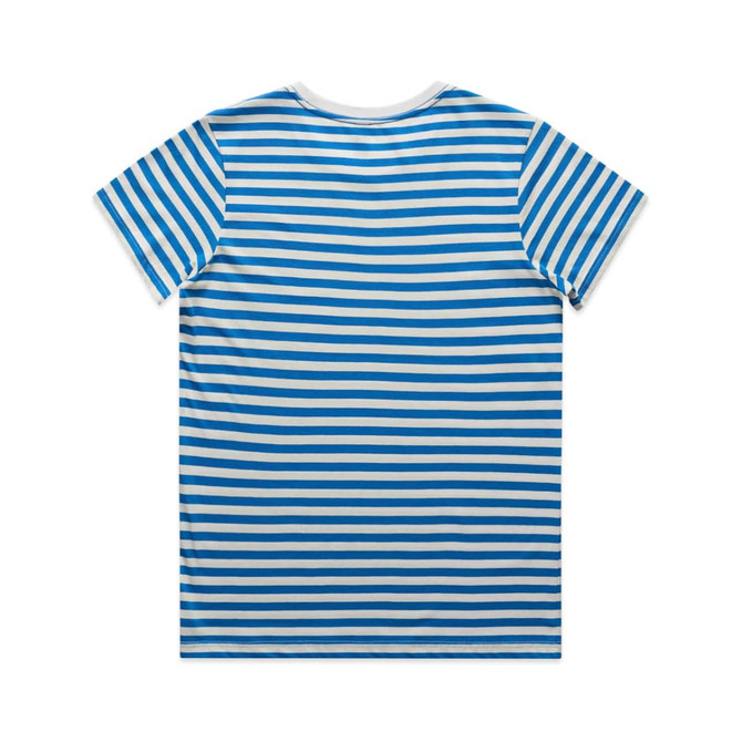 A blue and white striped T-shirt with a crew neck and short sleeves, featuring a logo on the back.