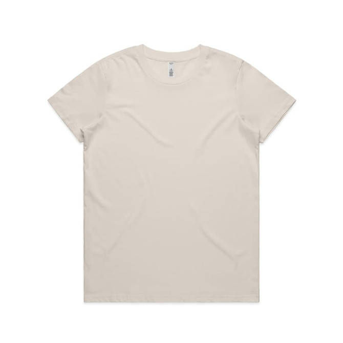A plain beige t-shirt with a crew neckline and short sleeves, featuring a branding label.