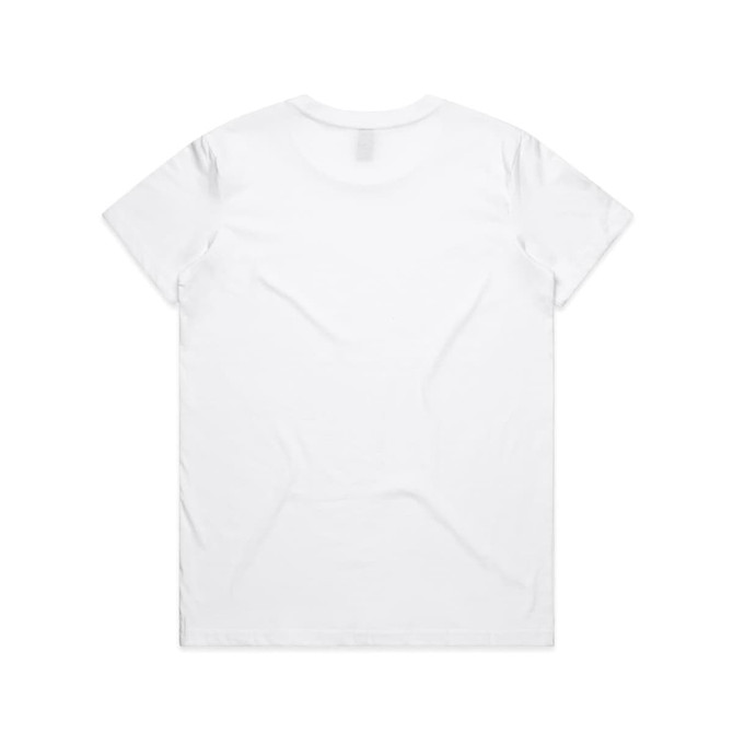 A plain white t-shirt with a standard round neck and short sleeves. It features a logo on the back.