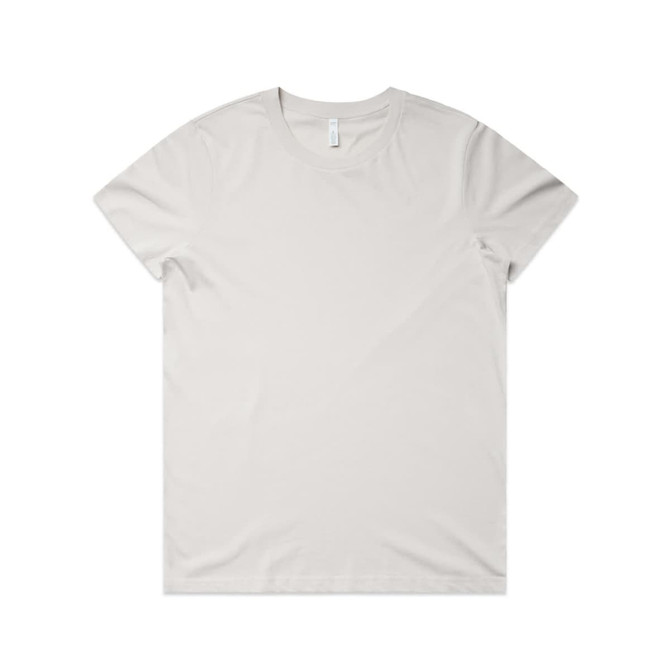 A light grey basic t-shirt with a round neck and short sleeves, featuring a logo.
