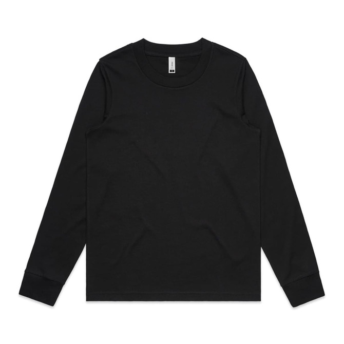 A black long-sleeve T-shirt with a round neckline and a logo. It has long sleeves and a simple design.