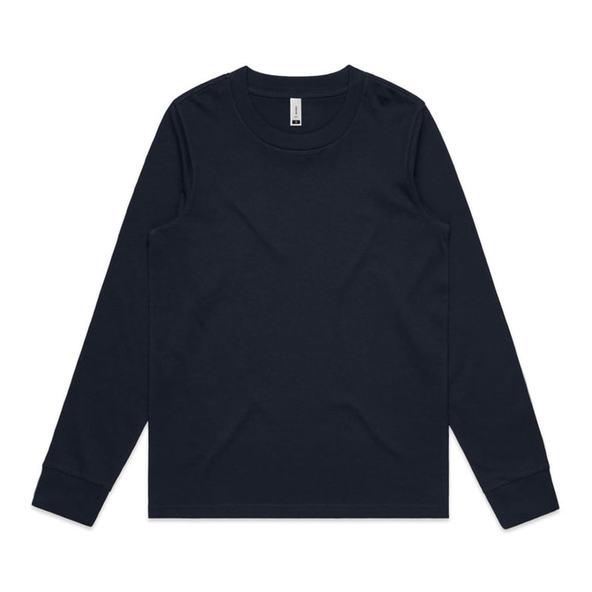 A long-sleeve T-shirt in dark navy blue featuring a simple design and a logo on the label.