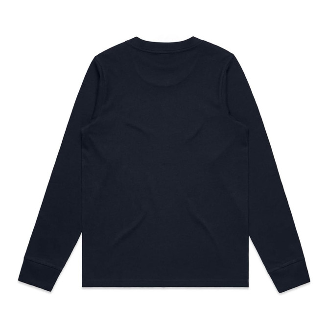A long-sleeve t-shirt in dark blue featuring a plain back and a simple design. It includes a logo.